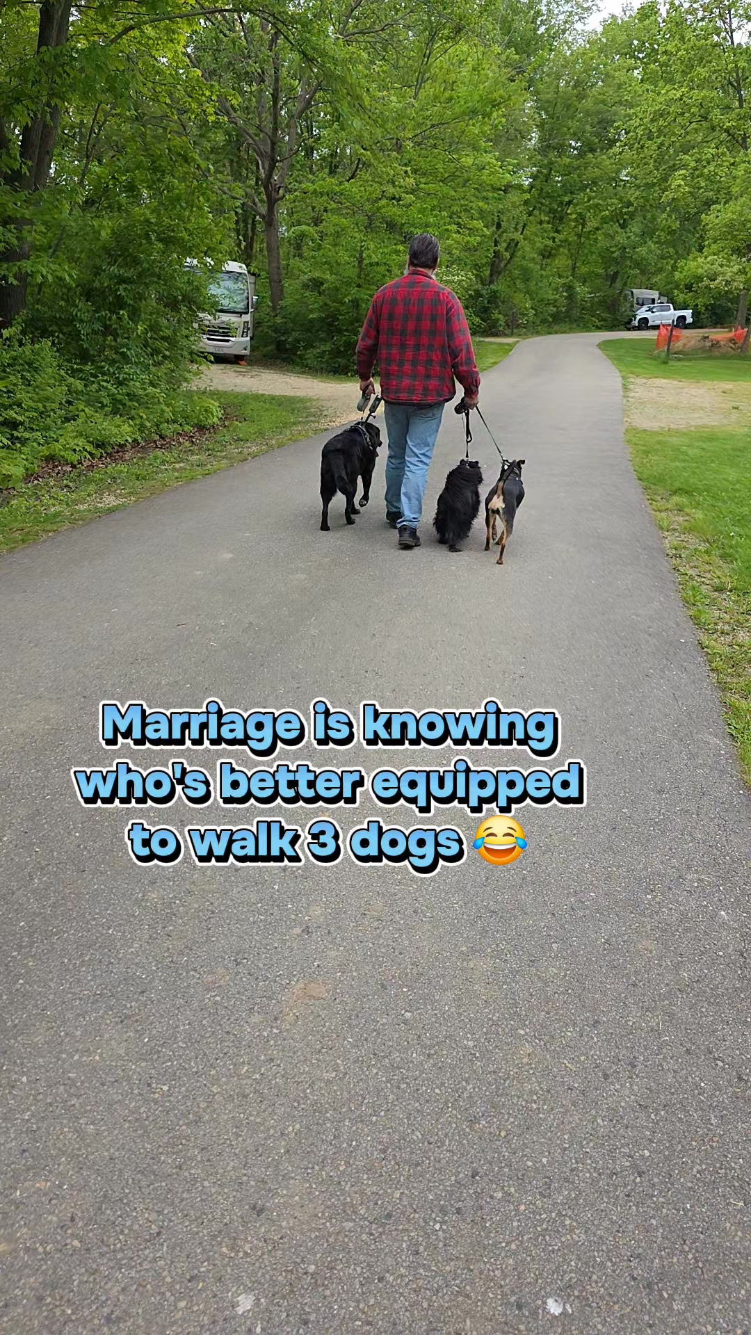 Marriage is knowing who's better equipped to walk three rescue dogs... and who's better equipped to stay behind and enjoy the scenery 😂🐾

When we first started walking, I had every intention of helping. Then the dogs reminded me that "walking" and "being pulled in three different directions" are apparently not the same thing.

So my husband took over dog-wrangling duty while I became the official observer from a safe distance.

Honestly, one of my favorite things about this stage of life is realizing I don't have to do everything myself. Sometimes it's okay to let someone else take the leash—literally.

The dogs were happy, my husband survived, and I got to enjoy a peaceful walk without feeling like I was training for an Olympic event.

I'd call that a win 😂🤍

Anyone else have a designated dog walker in the family?